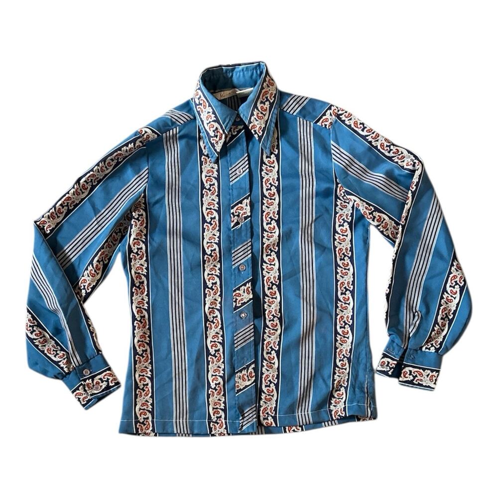 Lady Arrow Vintage Blue and Paisley Striped Button Down Blouse Size Medium